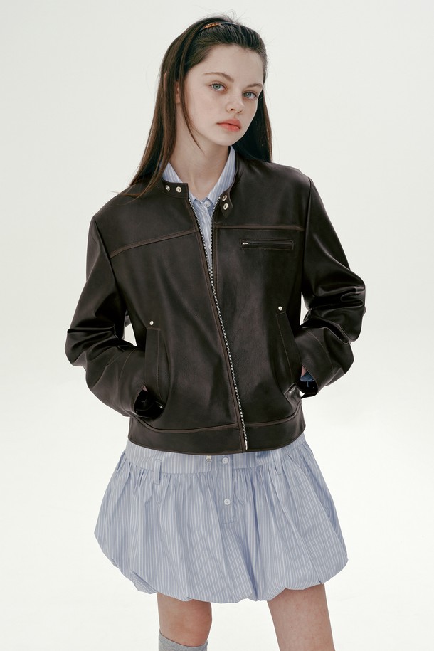 MARGARIN FINGERS - 레더 자켓 - [25SP] RIVET WASHED ECO LEATHER JACKET (BROWN)