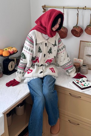 [25HOLIDAY] CORSAGE KNIT GLOVES (RED)