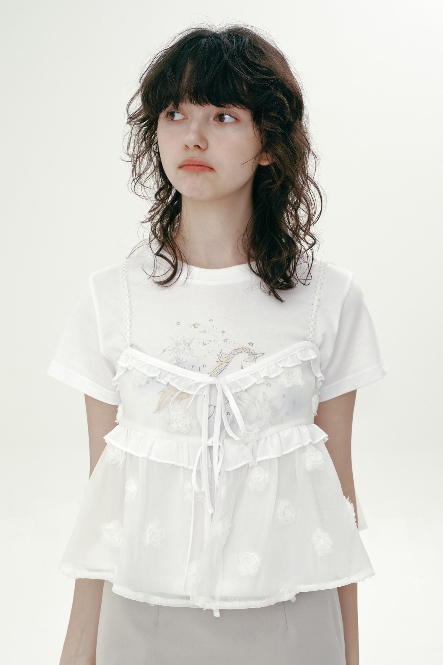 【MARGARIN FINGERS】24fw ROSE FRILL V-NECK TOP 24FW] ROSE FRILL V-NECK TOP (WHITE)_MARGARIN FINGERS - 코오롱몰