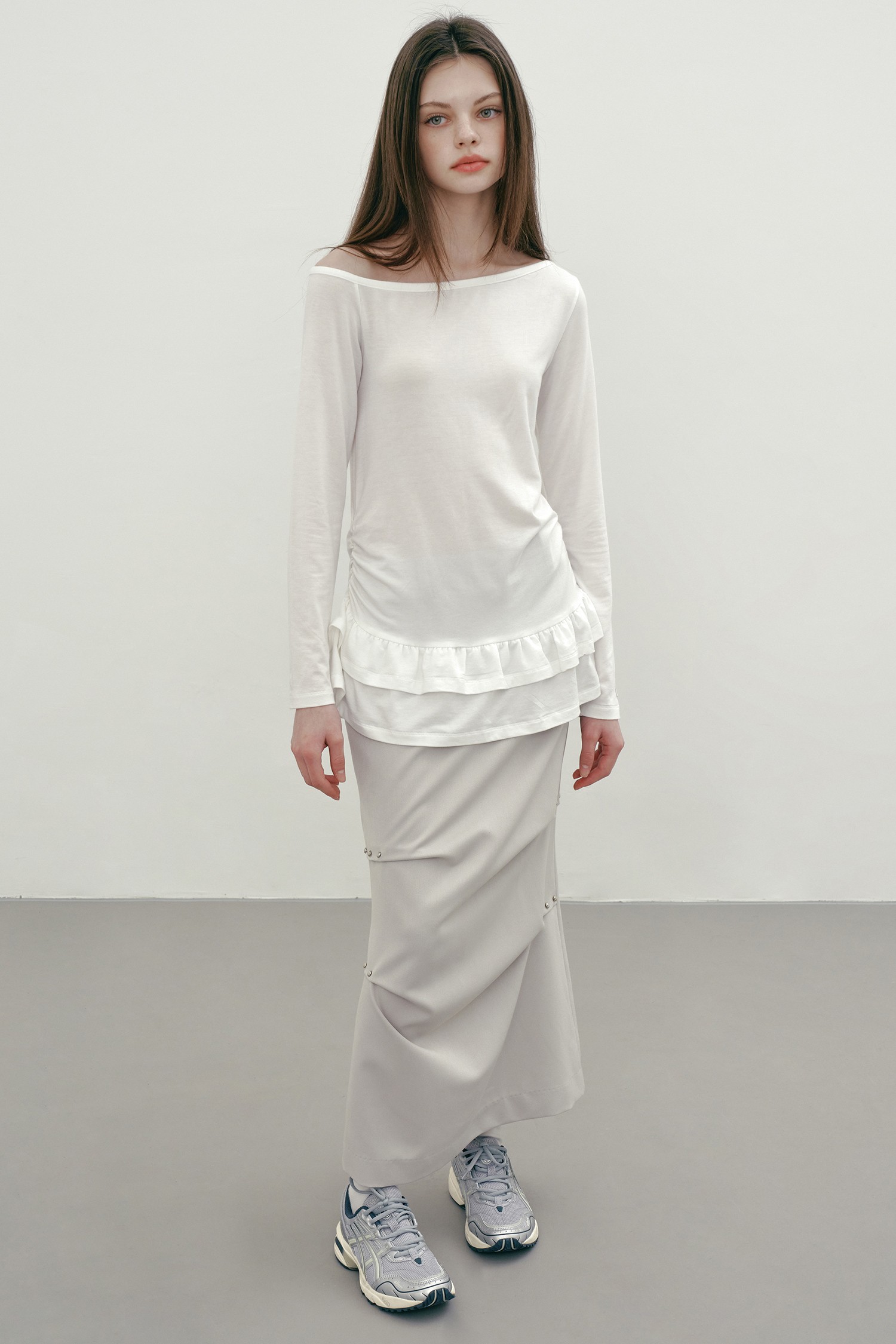 【MARGARIN FINGERS】25ss RIVET LONG SKIRT MARGARIN FINGERS][25SP] RIVET LONG SKIRT (WHITE)