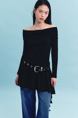 [26SPRING] OFF SHOULDER RUFFLE DRESS (BLACK)
