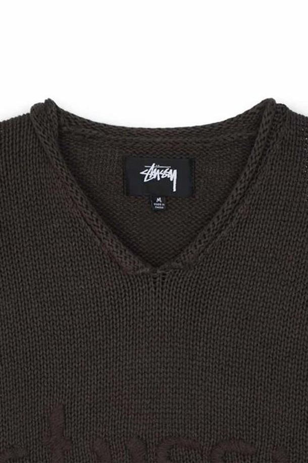 STUSSY - 스웨터 - 스투시 롤 브이넥 로고 스웨터 브라운 117246-1001