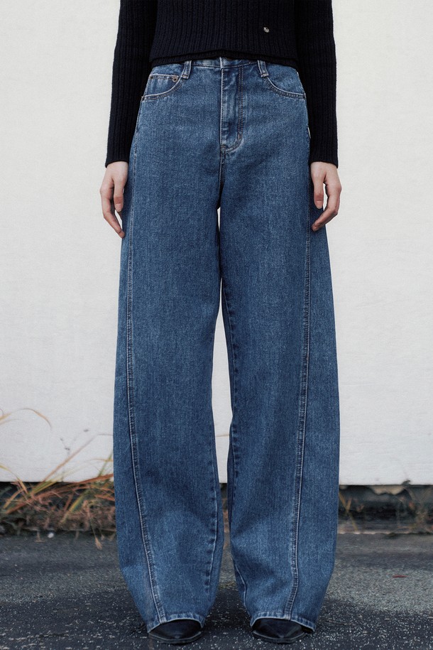 Neev - 데님 - [23FW] Line Point Vintage Washing Wide Denim Pants (Blue)