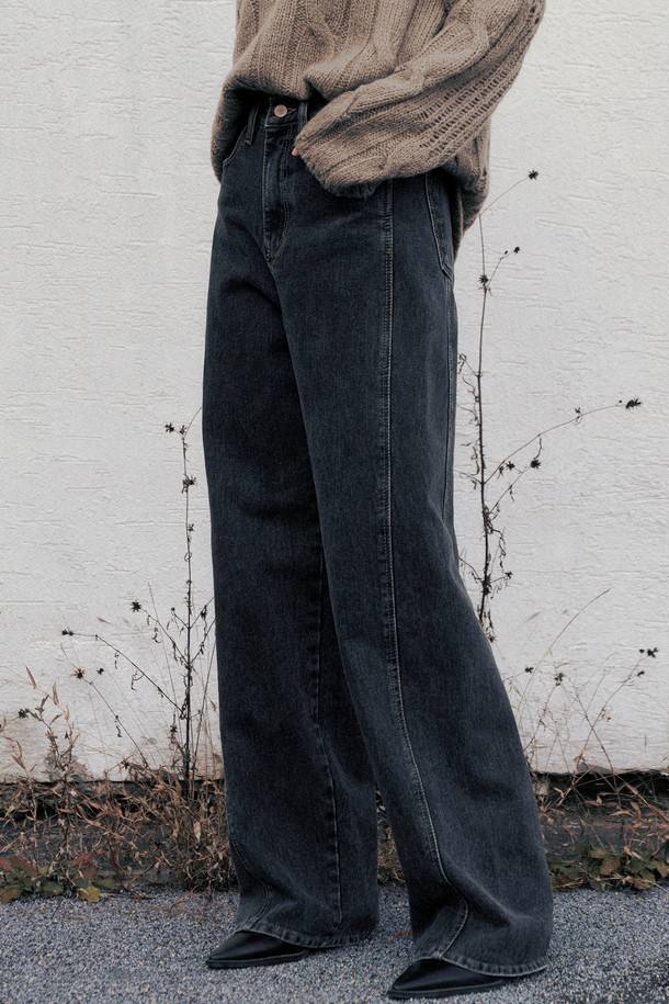 Neev - 데님 - [23FW] Line Point Vintage Washing Wide Denim Pants (Black)