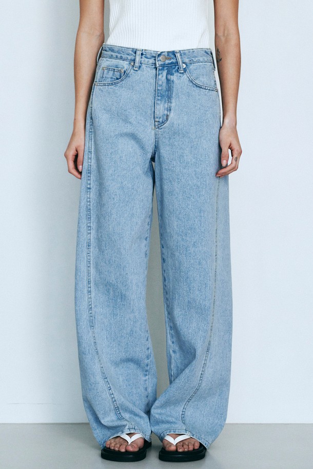 Neev - 데님 - Line Point Vintage Washing Wide Denim Pants (Light Blue)