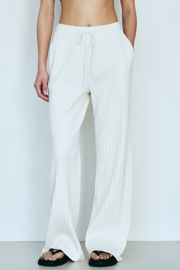 Neev - 롱/미디팬츠 - Slim Ribbed Wide Banding Pants (Cream)