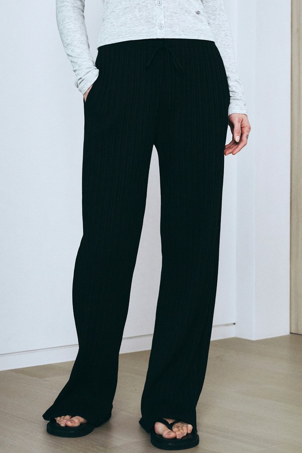 Neev - 롱/미디팬츠 - Slim Ribbed Wide Banding Pants (Black)