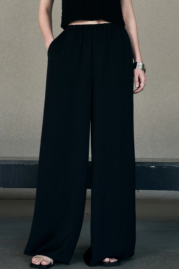 Neev - 롱/미디팬츠 - [23SS] Wide Satin Banding Pants (Black)