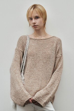 Tape Boat Neck Over Fit Pullover (Beige)