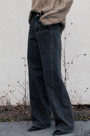 [23FW] Line Point Vintage Washing Wide Denim Pants (Black)