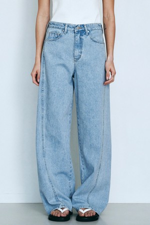 Line Point Vintage Washing Wide Denim Pants (Light Blue)