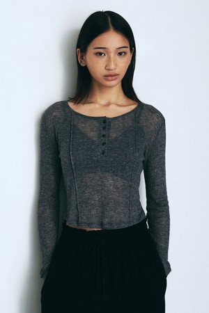 See-through Button Slim T-Shirt (Melange Gray)