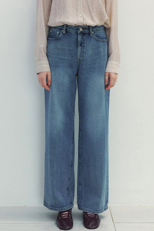 Neev - 데님 - Washed Blue Wide Denim Pants (Blue)