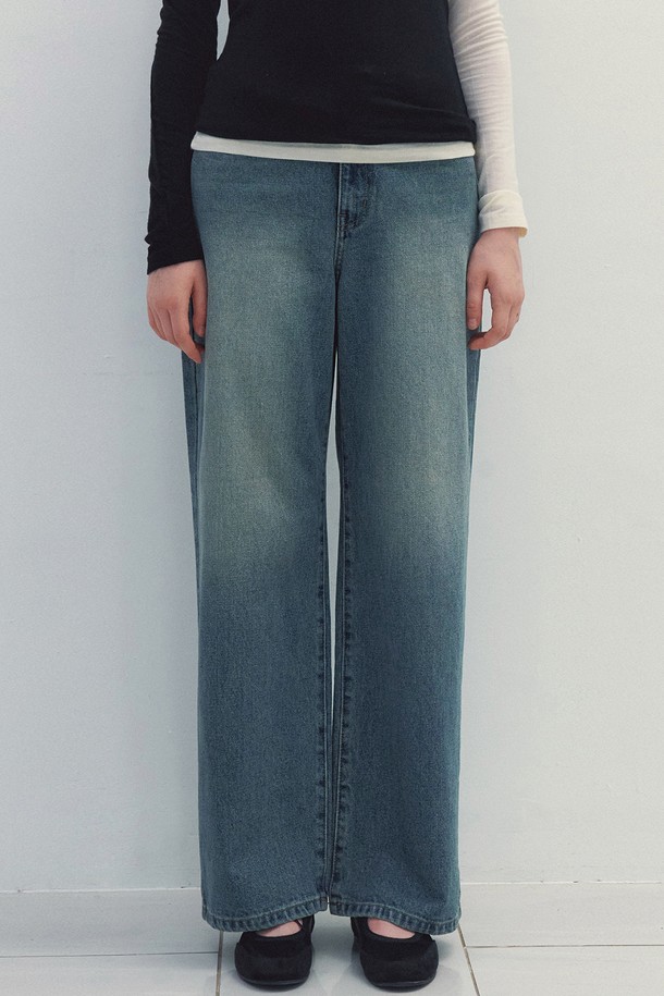 Neev - 데님 - Vintage Brush Wide Denim Pants (Blue)