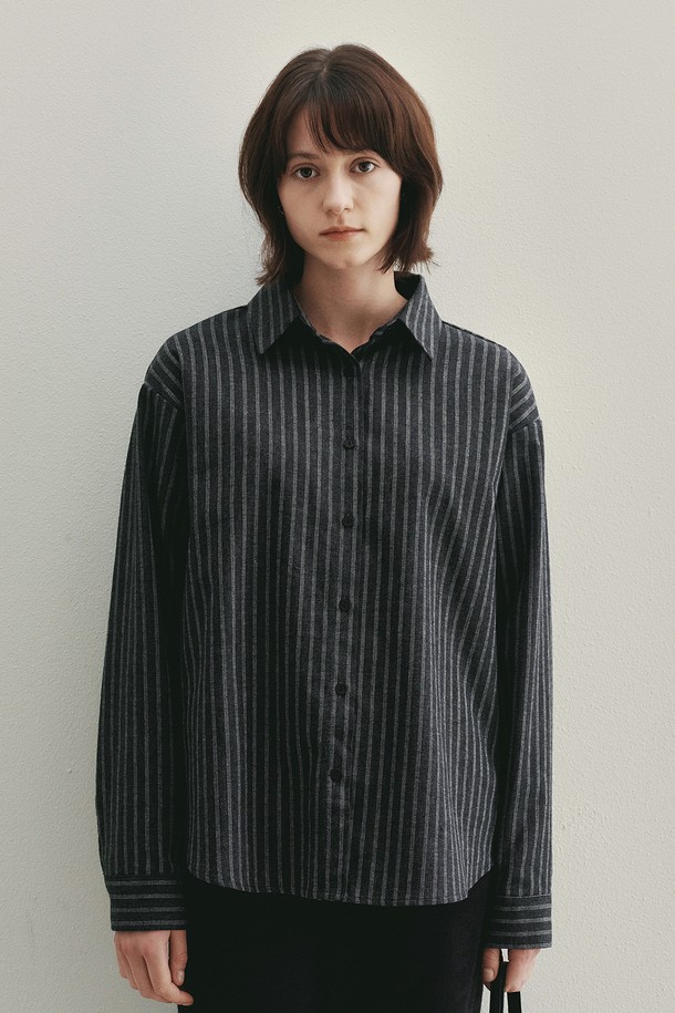 Neev - 셔츠 / 블라우스 - Signature Label Stripe Cotton Shirt (Charcoal)