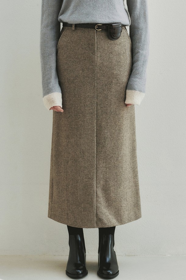 Neev - 스커트 - Jacquard Wool Long Skirt (Khaki)