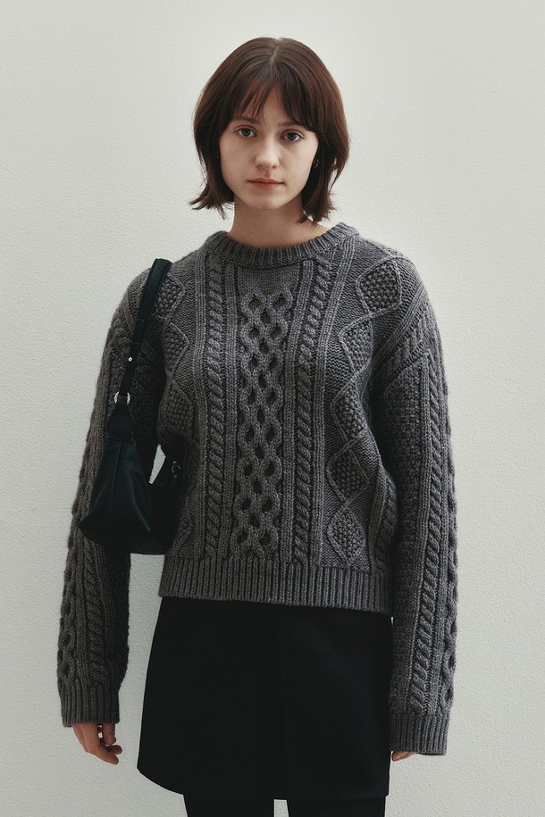 Neev - 니트 / 가디건 - Mix Cable Wool Pullover (Charcoal)