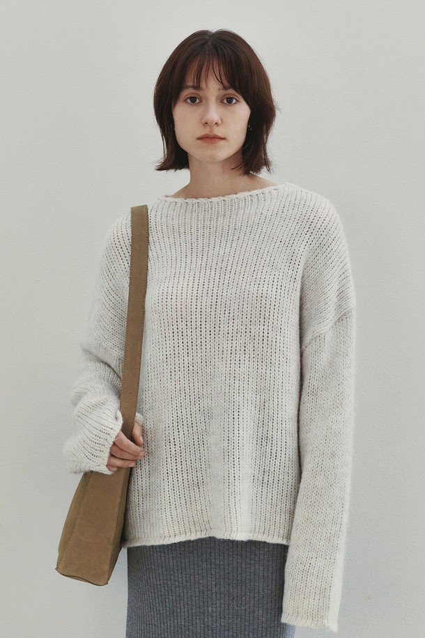 Neev - 니트 / 가디건 - Over Fit Wool Boat Neck Pullover (Oatmeal)