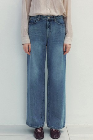 Washed Blue Wide Denim Pants (Blue)