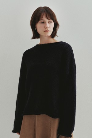 Over Fit Wool Boat Neck Pullover (Black)