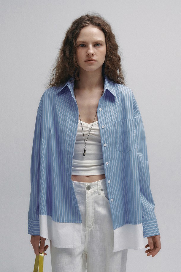 Neev - 셔츠 - Oversize Layered Stripe Shirt (Blue)