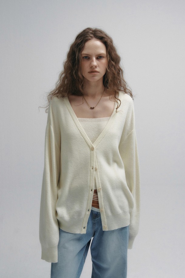 Neev - 가디건 - Spring Wool V-neck Loose Fit Cardigan (Ivory)