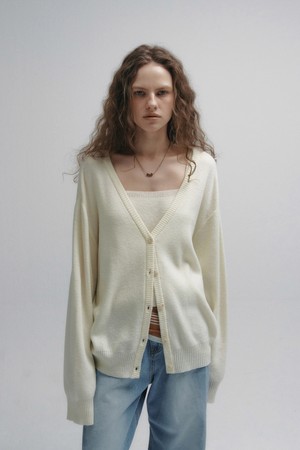 Spring Wool V-neck Loose Fit Cardigan (Ivory)