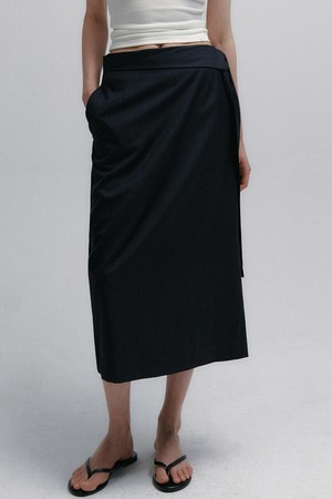 Pin Stripe Tie Wrap Midi Skirt (Black)