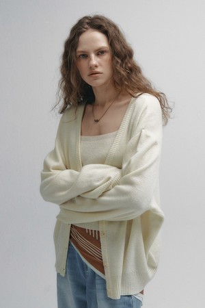 Spring Wool V-neck Loose Fit Cardigan Set (Ivory)