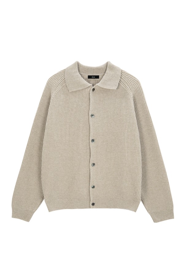 EZIO - 가디건 - Bold Rib Raglan Collar Knit Cardigan - Beige