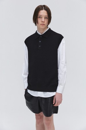 3 Buttons Collar Knit Vest - Black