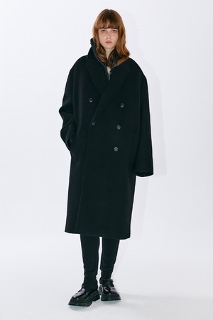 Wide Collar Cashmere Double Long Coat - Black