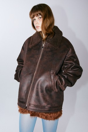 Vegan Crack Leather Mouton Jacket - Brown