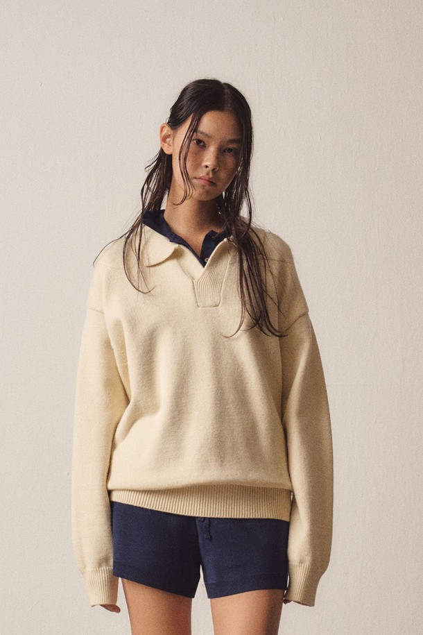 EZIO WOMEN - 스웨터 - W Loose-Fit Open Collar Basic Knit_Ivory