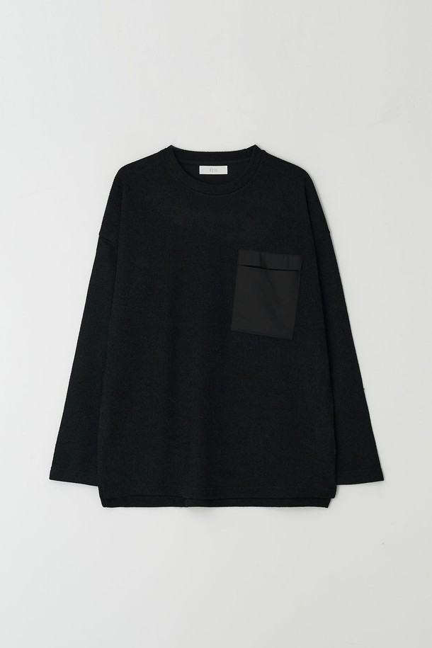 EZIO - 긴팔셔츠 - Ribbed Slim Pocket T-Shirt_Black