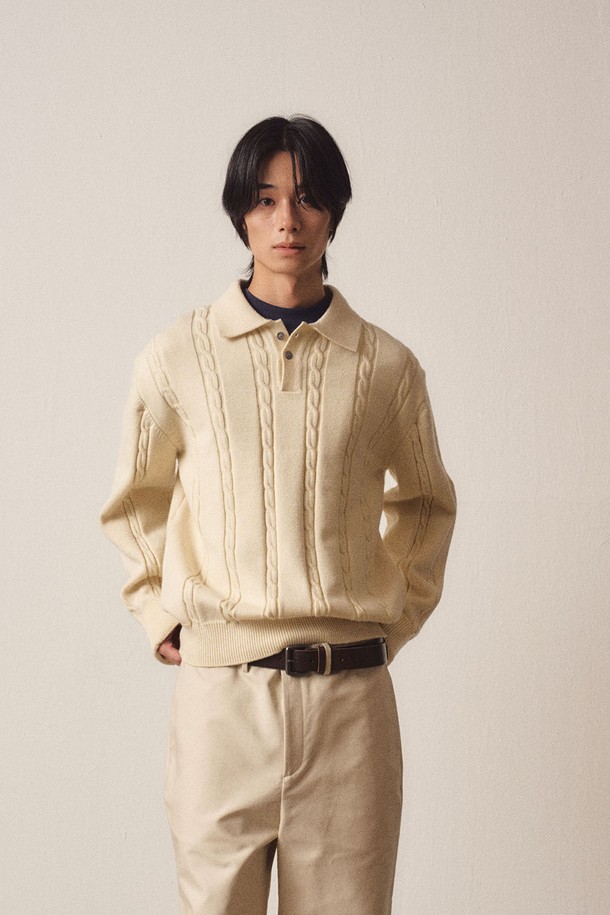 EZIO - 스웨터 - Cable 3-Button Collar Casual Knit_Ivory