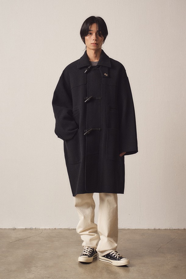 EZIO - 코트 - Cashmere Blend Handmade Simple Long Duffle Coat_Black