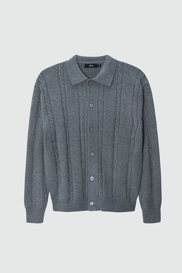 EZIO - 스웨터 - Cable button-up Collar Cardigan_Charcoal