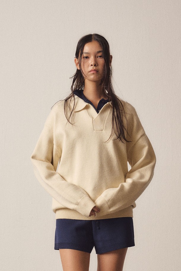 EZIO WOMEN - 스웨터 - W Loose-Fit Open Collar Basic Knit_Ivory