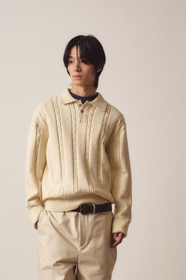 EZIO - 스웨터 - Cable 3-Button Collar Casual Knit_Ivory