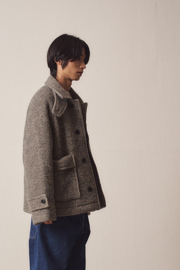 EZIO - 코트 - Angora Blend Herringbone Balmacaan Short Coat_Grey