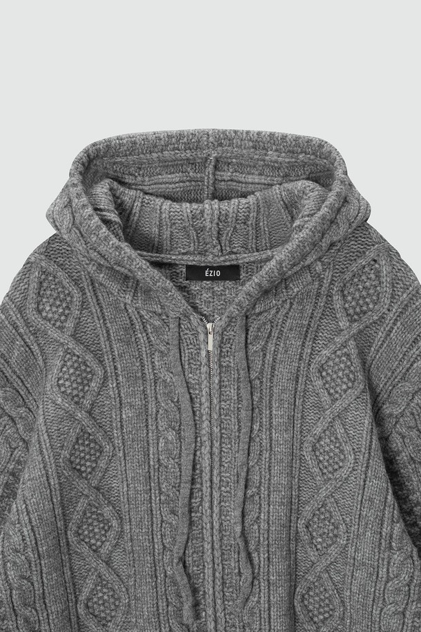 EZIO - 후디 - Cable 2-Way Casual Hooded Knit_Melange Grey