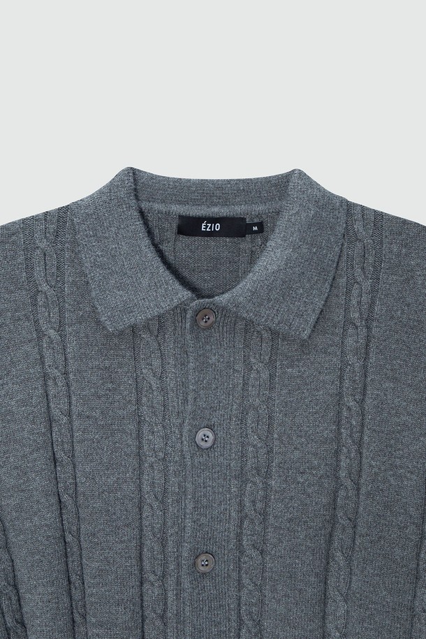 EZIO - 스웨터 - Cable button-up Collar Cardigan_Charcoal