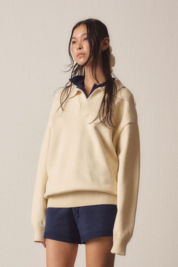 EZIO WOMEN - 스웨터 - W Loose-Fit Open Collar Basic Knit_Ivory