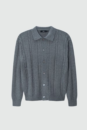 Cable button-up Collar Cardigan_Charcoal