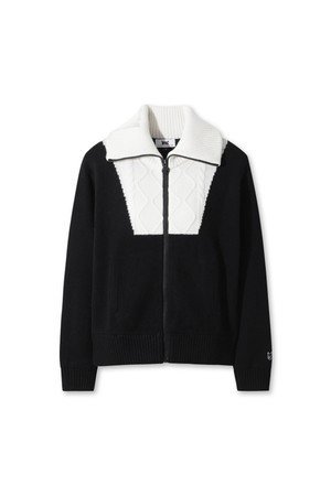 Women Rib Collar Zip Up Knit Cardigan_BLACK-a