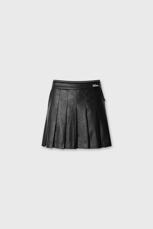 Women Fake leather pleats skort_BLACK-a