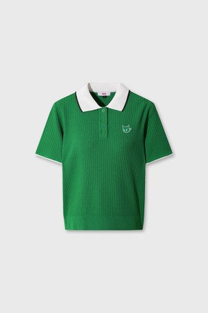 Women Color Block Ribbed Knit Polo_GREEN-a