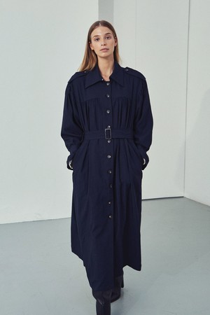 Two-way shirring trench dress - navy