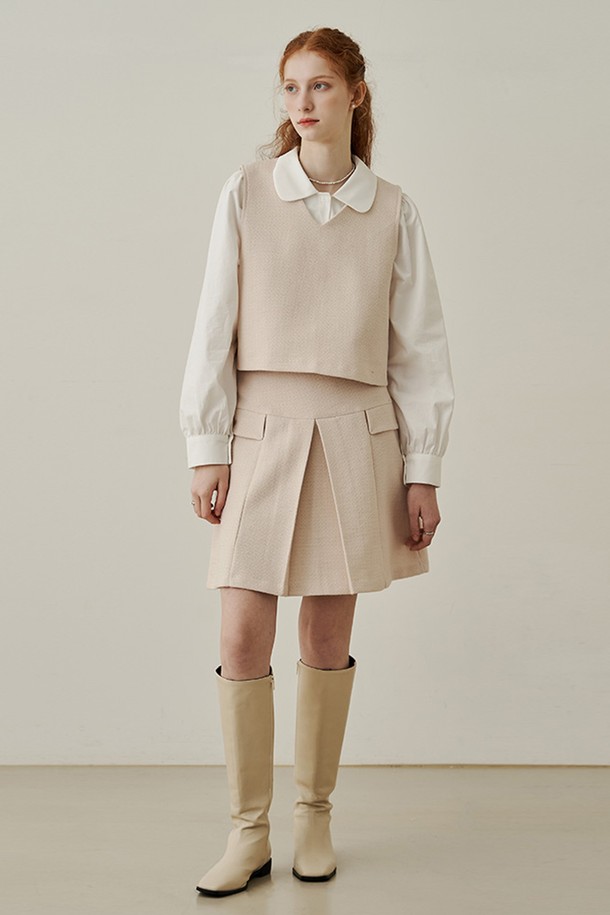 ADAUL - 미디스커트 - Mong slit side pocket wool tweed midi skirt - pinkbeige
